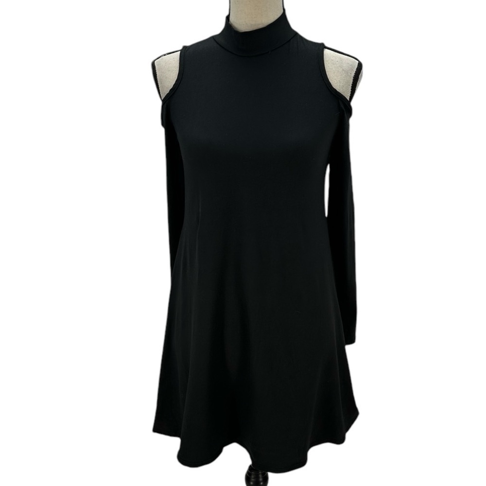 Planet Gold Long Sleeve Cold Shoulder Mock Neck Mini Dress - Black - size Small